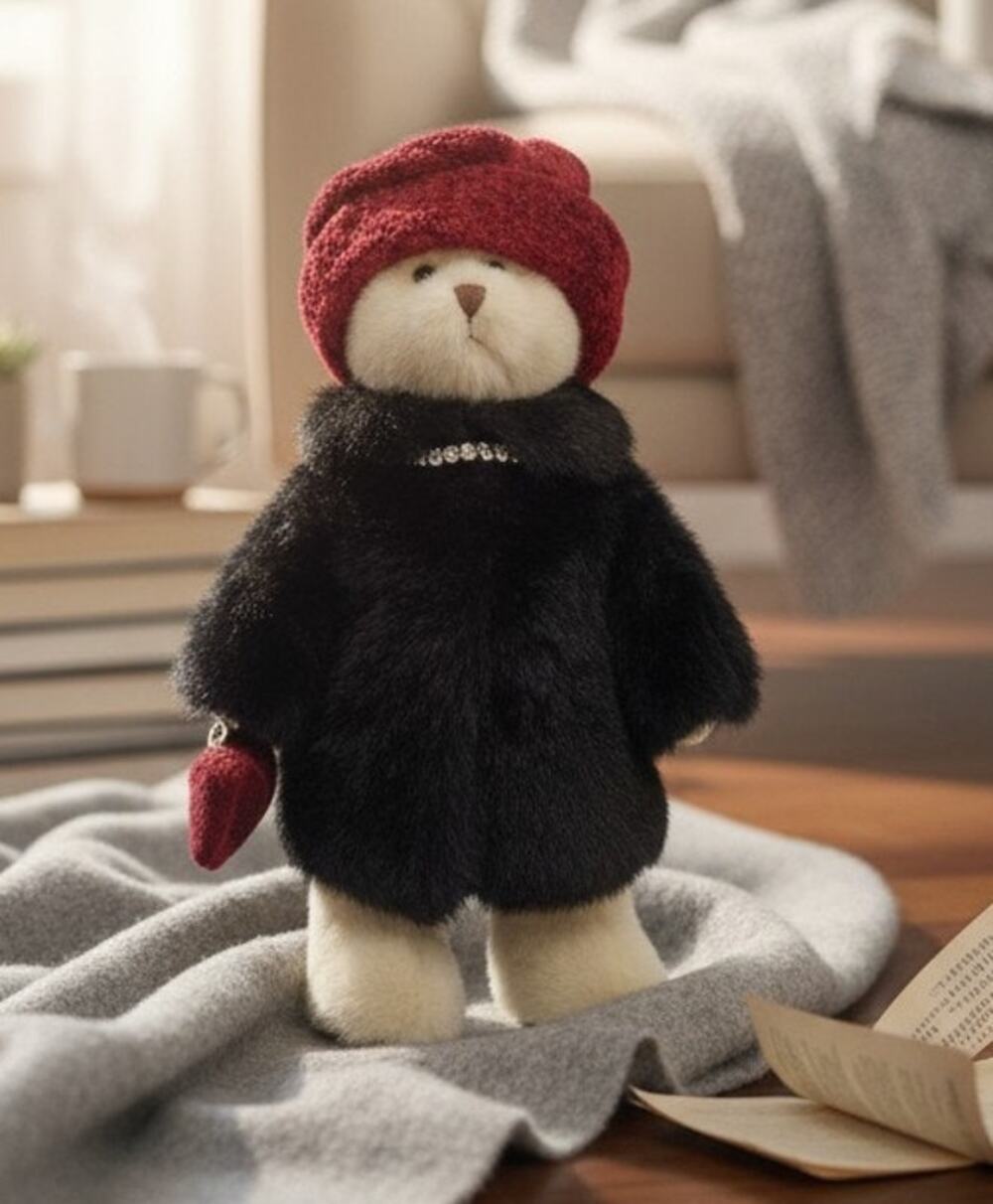 Russ Berrie Nuria Plush Bear Black Faux Fur Coat Red Hat Pearls Purse Stand 13"